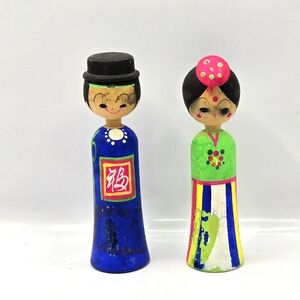 VTG Wooden KOKESHI Style Couple Mini Doll Traditional Korean Hand Painted 4.25"H